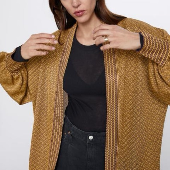 Zara Jacquard Gold Knit Cardigan Puff Sleeves - Picture 3 of 10